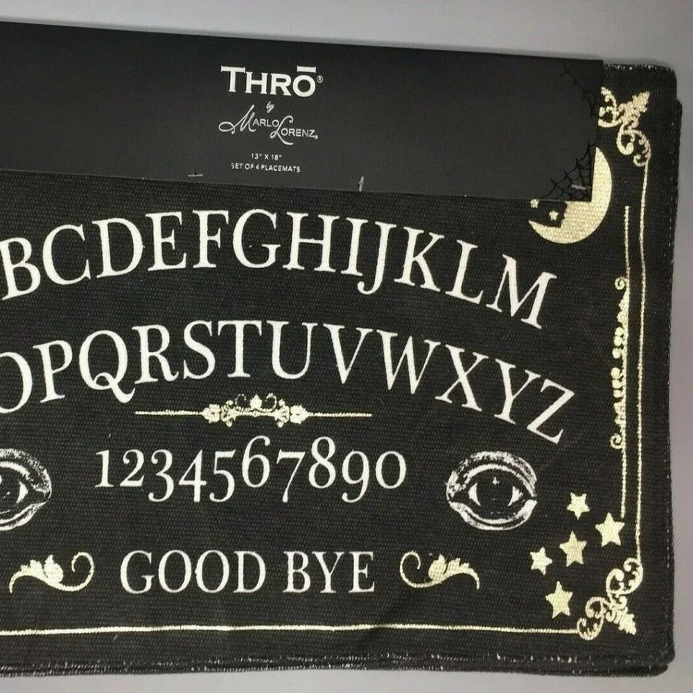 x4 Halloween Ouija Board Fabric Placemat Set Black Gold Sun Moon Stars THRO NEW